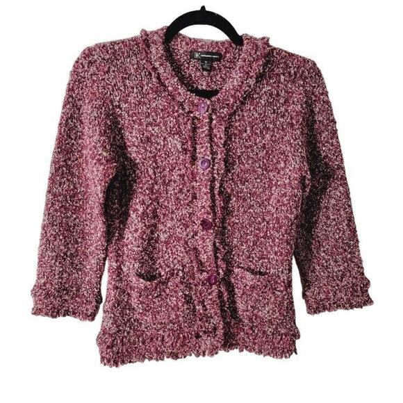 INC Sweater Women's Sz Medium Cardigan Burgundy Fringe Button Front Qtr Sleeve - Picture 5 of 9